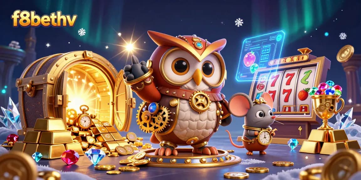 Experience the thrill of f8bethv as a time-traveler owl explores a vibrant casino world.