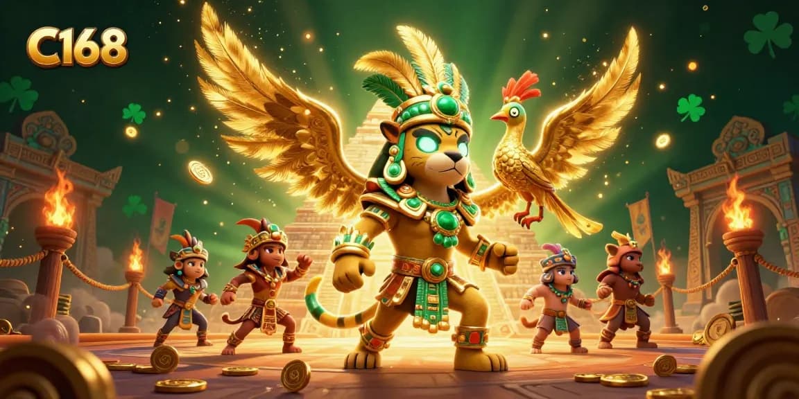 C168 captivates players with the Mayan jaguar priest and golden quetzal bird in a thrilling casino scene.