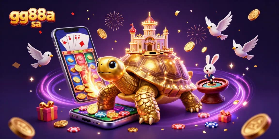 Experience exciting games with gg88a sa featuring a golden tortoise casino, card tables, and golden coins!