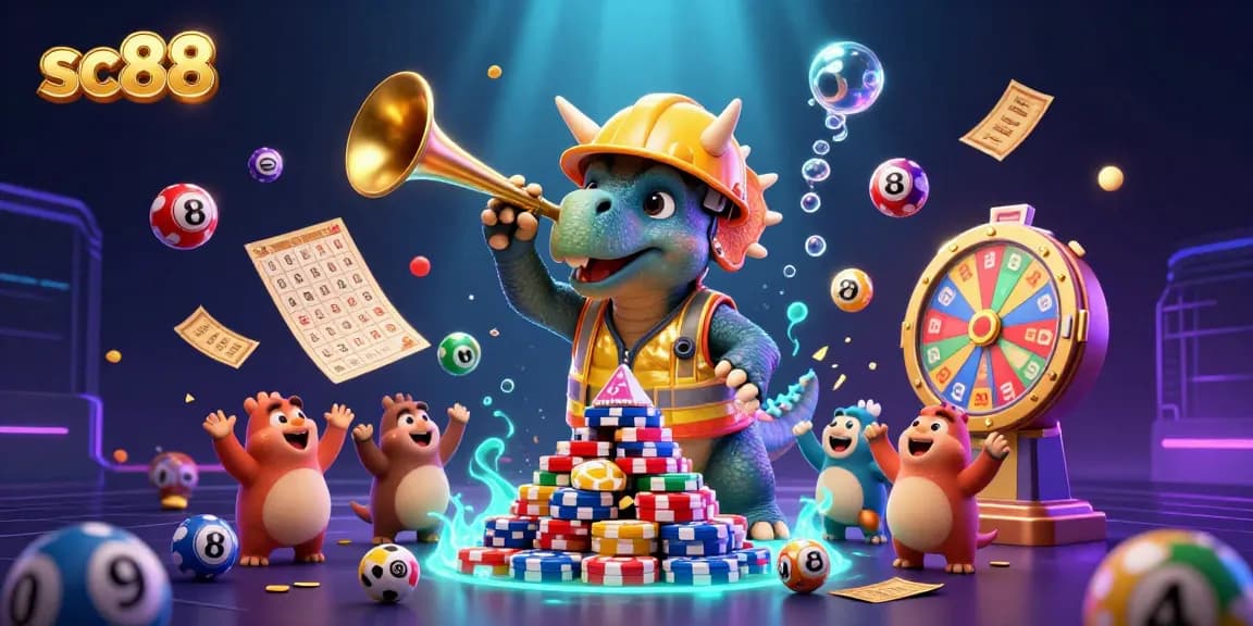 Experience sc88 with vibrant lottery fun and colorful casino excitement in a playful 3D illustration.