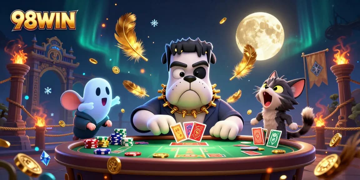 98WIN showcases an exciting casino scene with characters dealing cards and a ghost mouse floating through chips.