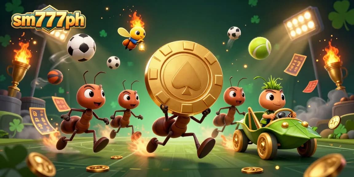 Engage with sm777ph's thrilling heist as ants take center stage with oversized poker chips and dynamic sports elements.