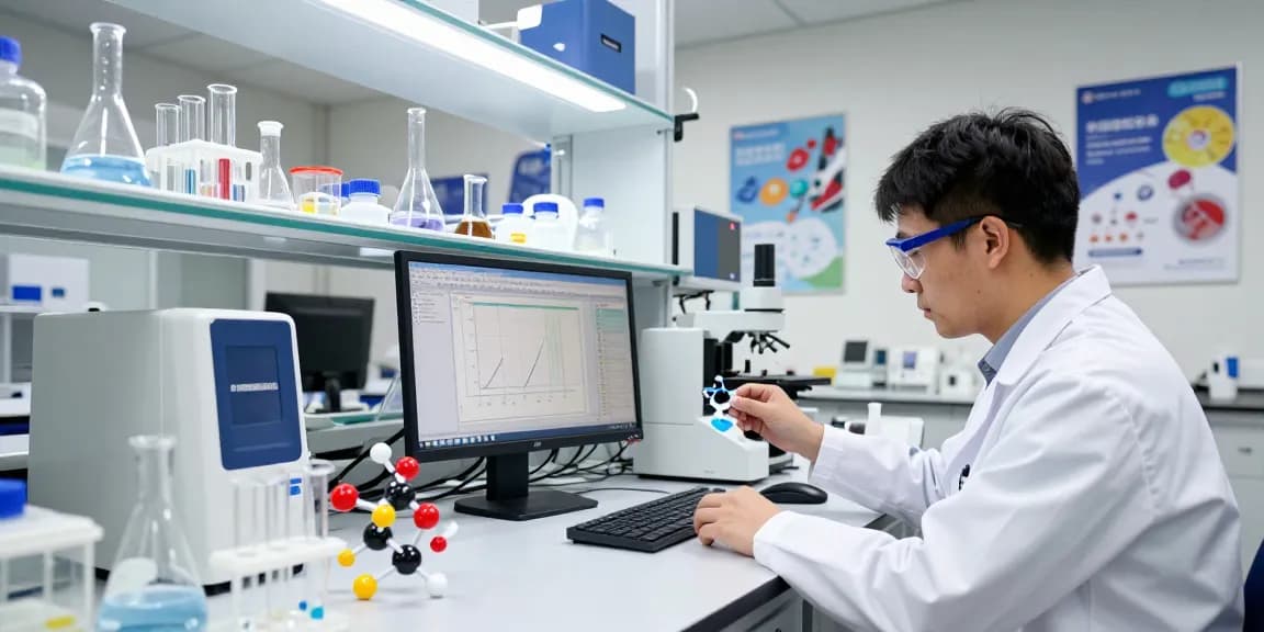 Researcher examining SwissChems Peptide samples in a modern lab setting with advanced equipment.