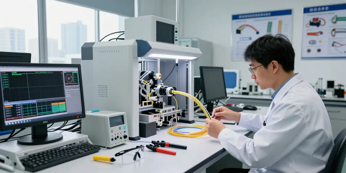 Engineer inspecting fiber optic cables in a high-tech lab environment showcasing precision connectivity.