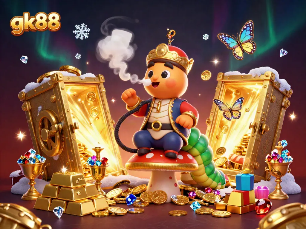 Experience gk88 with a fantastical 3D casino scene featuring vibrant characters and abundant treasure elements.