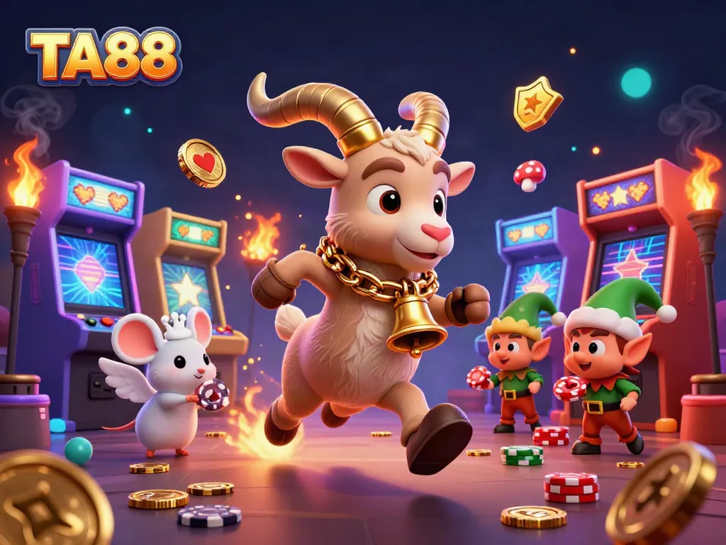Engage with TA88's vibrant casino scene featuring a Krampus goat and festive characters enjoying chaotic fun