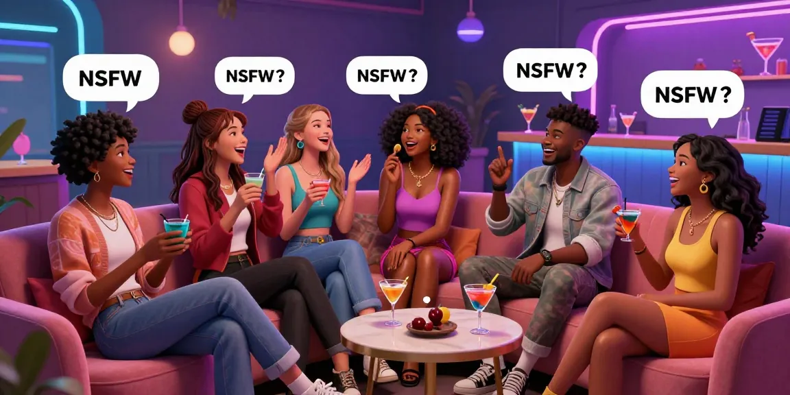 Interactive virtual lounge depicting lively NSFW AI chat characters engaging in flirty conversation.
