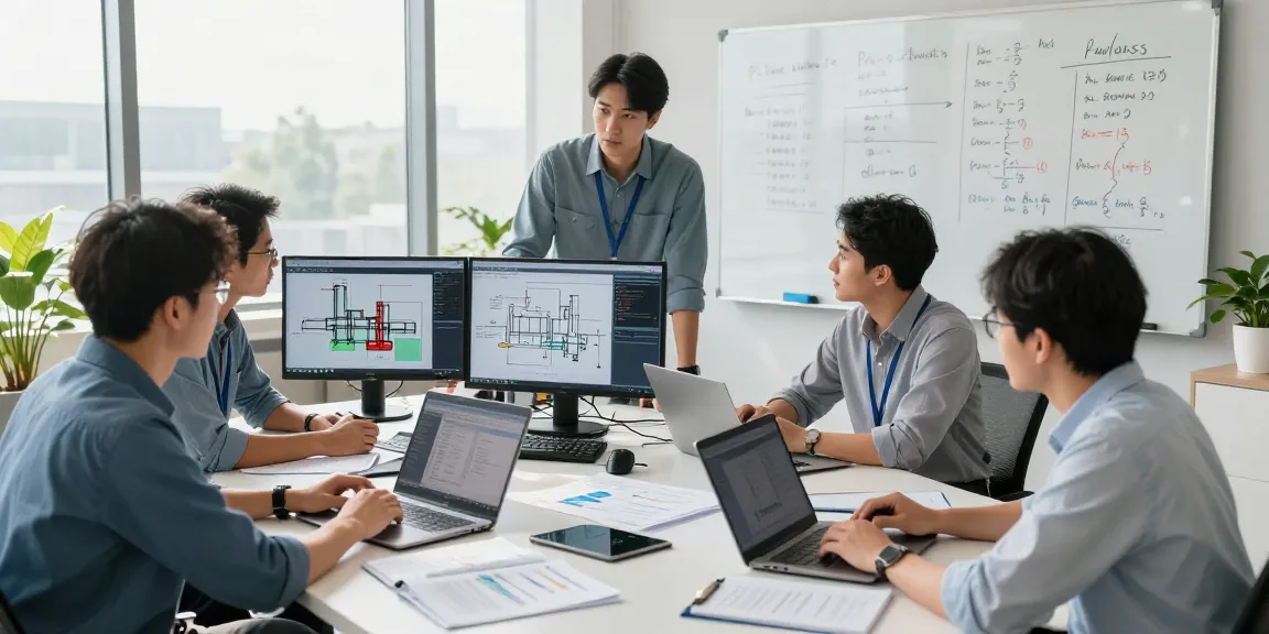 Piping Stress Analysis USA team collaborating in a modern engineering office with technical diagrams and simulations.