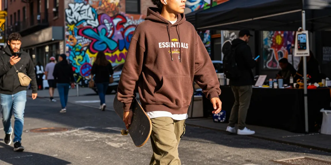 Person in Essentials hoodie walking confidently in urban street fashion scene with vibrant graffiti.