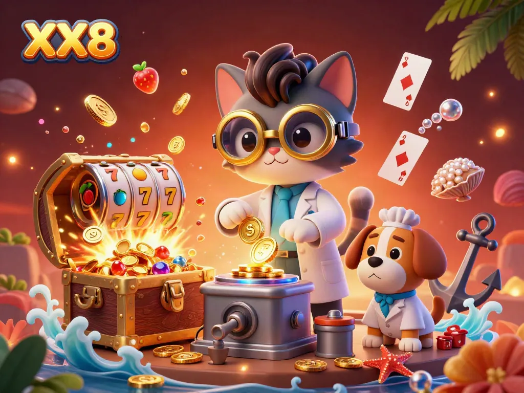 Experience thrilling gaming with XX8 and engaging characters in a vibrant casino scene.