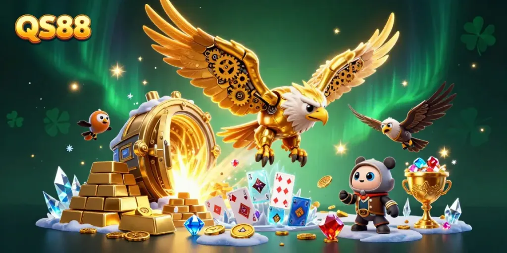 Experience the thrill of QS88 with a dynamic 3D scene featuring a cybernetic eagle soaring through a treasure-filled casino.