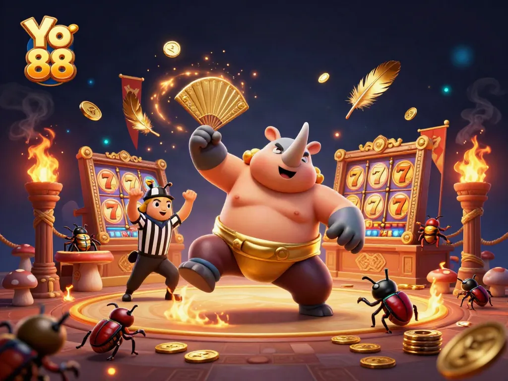 Win exciting prizes at Yo 88 as our sumo champion beetle kicks coins into the air in this vibrant casino scene.