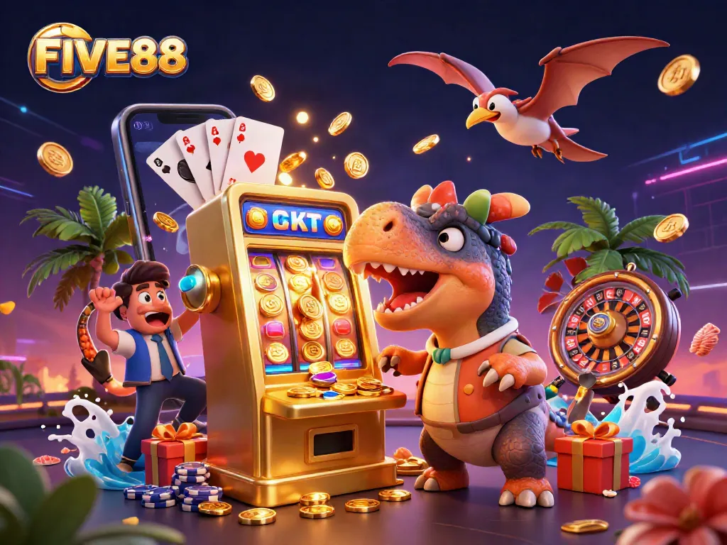 FIVE88's pachycephalosaurus celebrates a jackpot win at the casino, surrounded by exciting gaming elements.