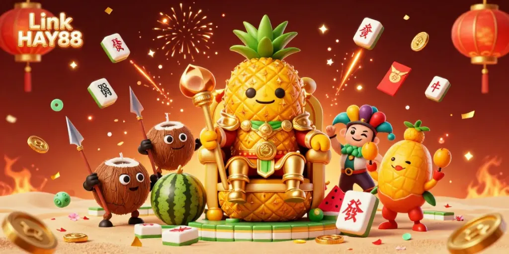 Experience the festive beach casino atmosphere with Link HAY88, featuring a pineapple king and vibrant game elements.
