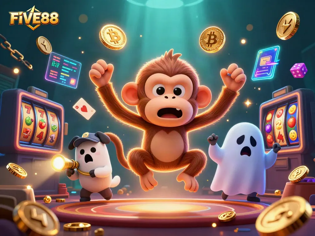 Experience the enchanting FIVE88 casino world, where a playful monkey juggles golden riches amidst slot machines and digital treasures.