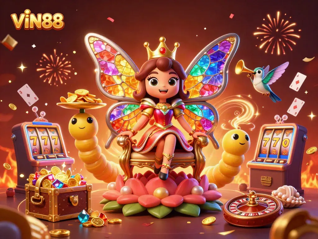 VIN88 delights with a vibrant casino-themed scene featuring a butterfly queen, gold, and slot machines.