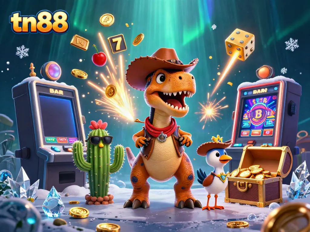 Experience thrilling wins with tn88 at a vibrant casino scene featuring a T-Rex dinosaur.