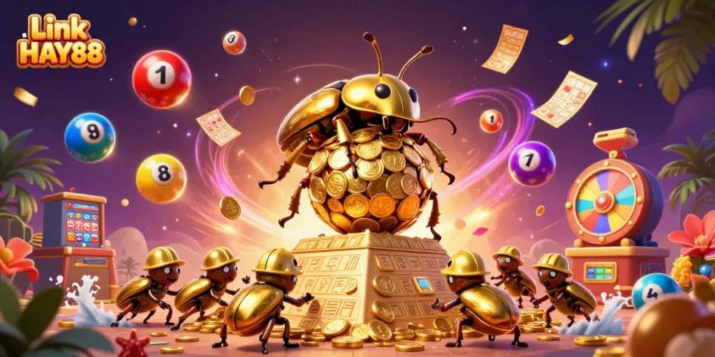 Engage with Link HAY88's vibrant casino-themed journey, featuring dynamic lottery balls and golden treasures.