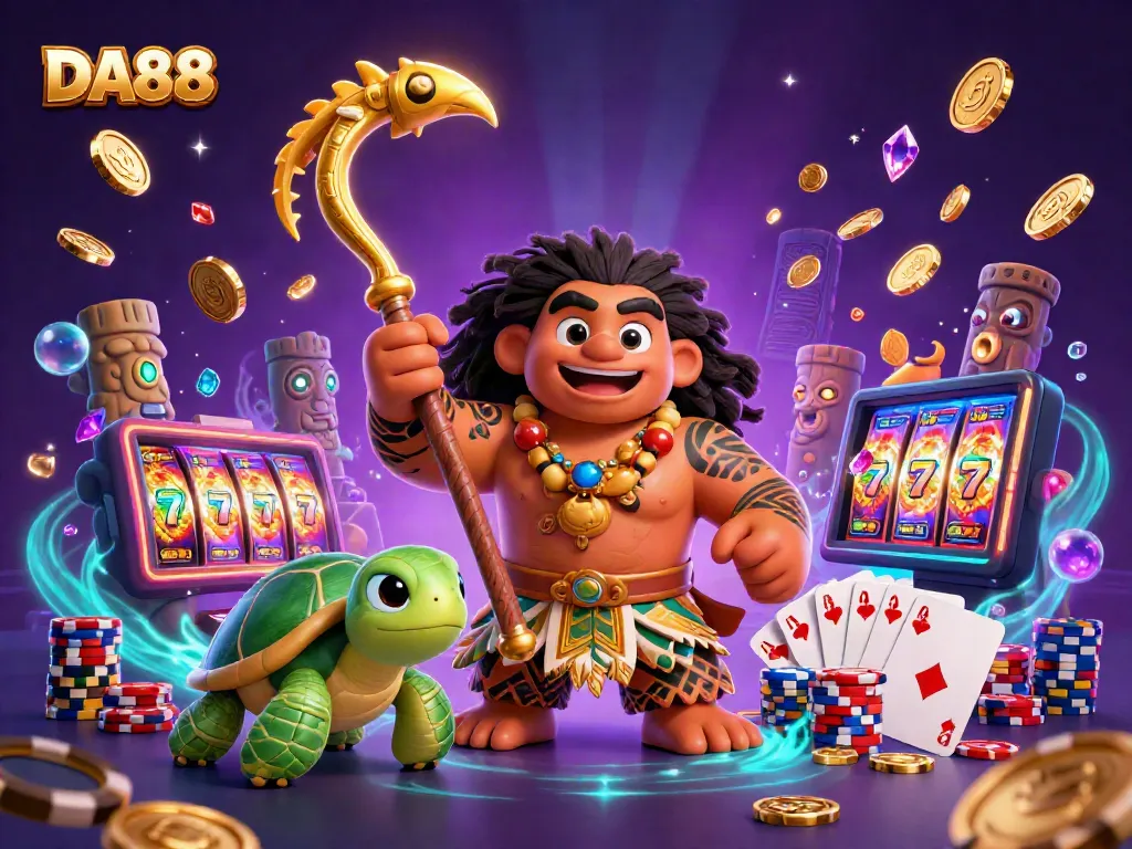 Engage with DA88 in a vibrant 3D casino scene featuring luck, winning symbols, and dynamic gameplay.