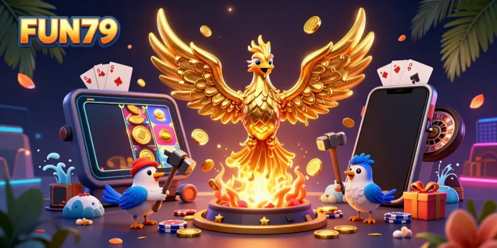 Experience thrilling jackpots at FUN79 with a golden phoenix and casino elements enhancing gameplay.
