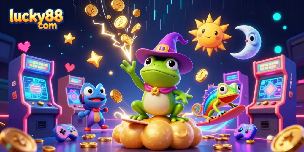 Engage in thrilling gameplay at lucky88 com with vibrant casino-inspired 3D characters and gold coins raining down.