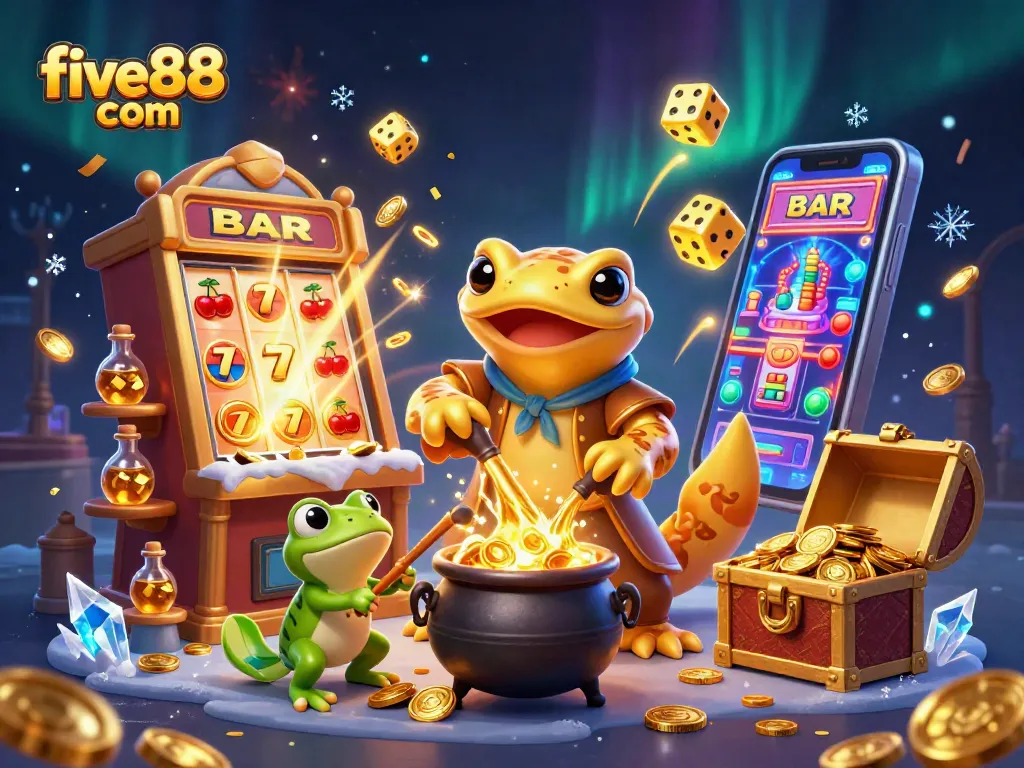 Experience the magic of five88 com with a golden salamander alchemist creating wealth in a vibrant casino scene.