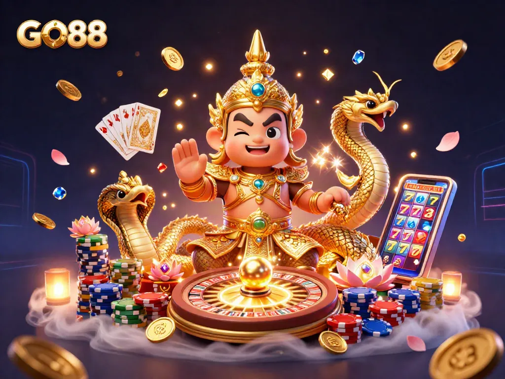 Experience exciting gaming opportunities with GO88, featuring a visually stunning scene of celebration and casino elements.