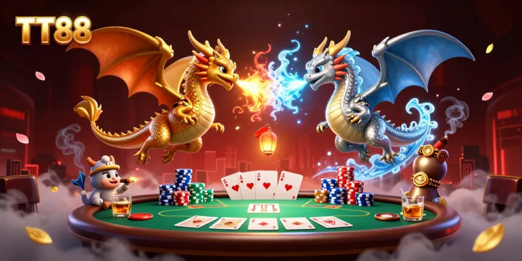 Catch the excitement of TT88 as fiery and icy dragons soar above a vibrant poker scene.
