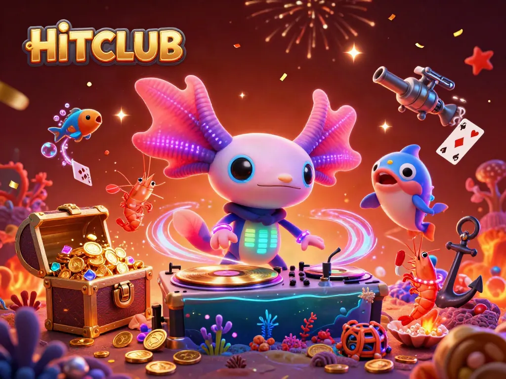Experience HITCLUB with vibrant casino-themed creatures celebrating underwater excitement, immersive 3D illustration.