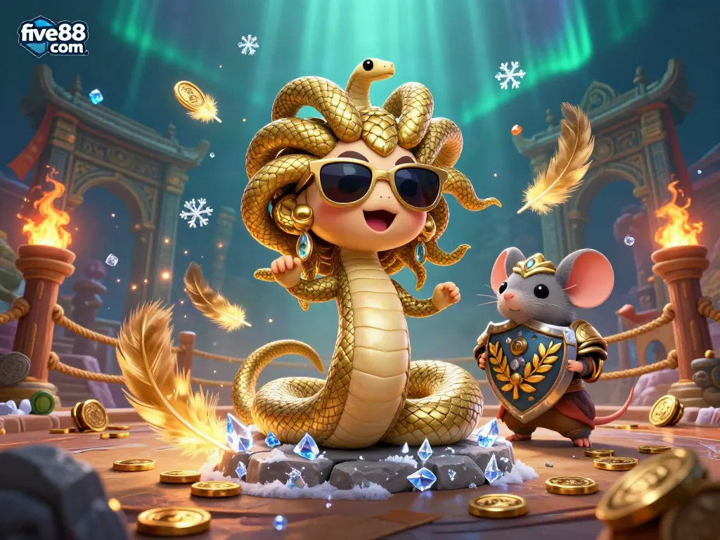 Engage in gambling dynamics with five88 com featuring a friendly Medusa and warrior in a vibrant game scene.