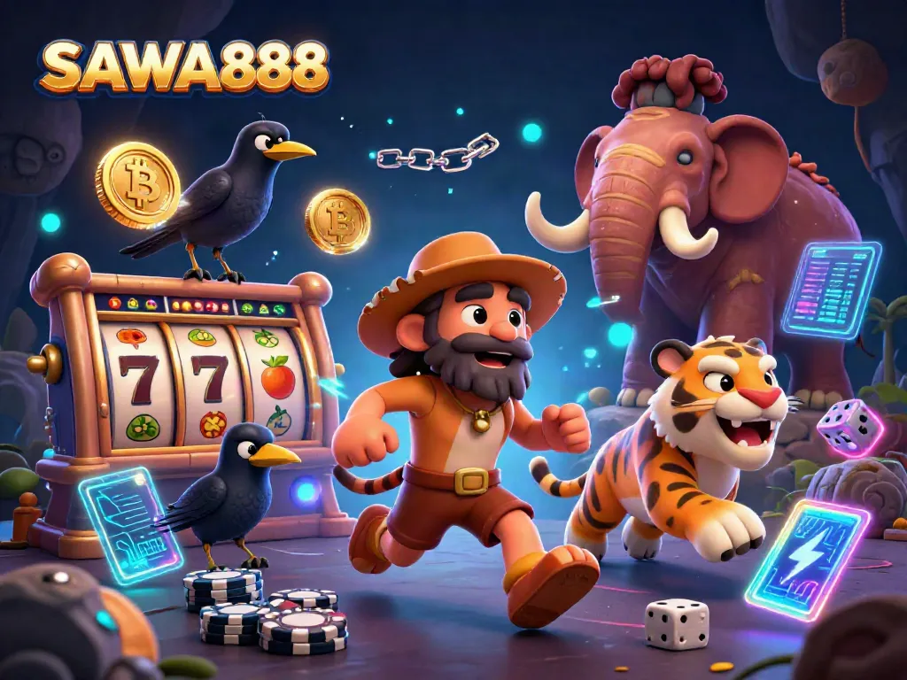 Experience the prehistoric thrill of SAWA888 with cartoon characters in a vibrant casino scene surrounded by crypto elements.