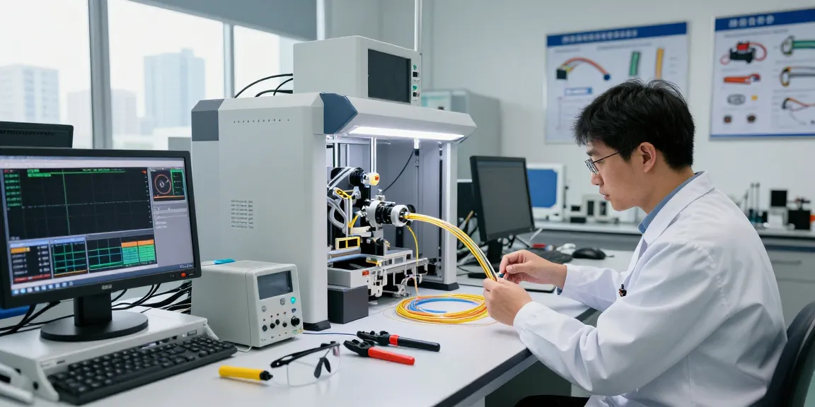 Engineer inspecting fiber optic cables in a high-tech lab environment showcasing precision connectivity.