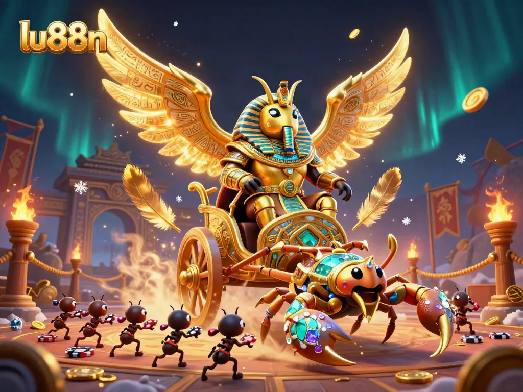 Engage with lu88n: a thrilling 3D cartoon scene featuring a majestic pharaoh beetle and gambling excitement.