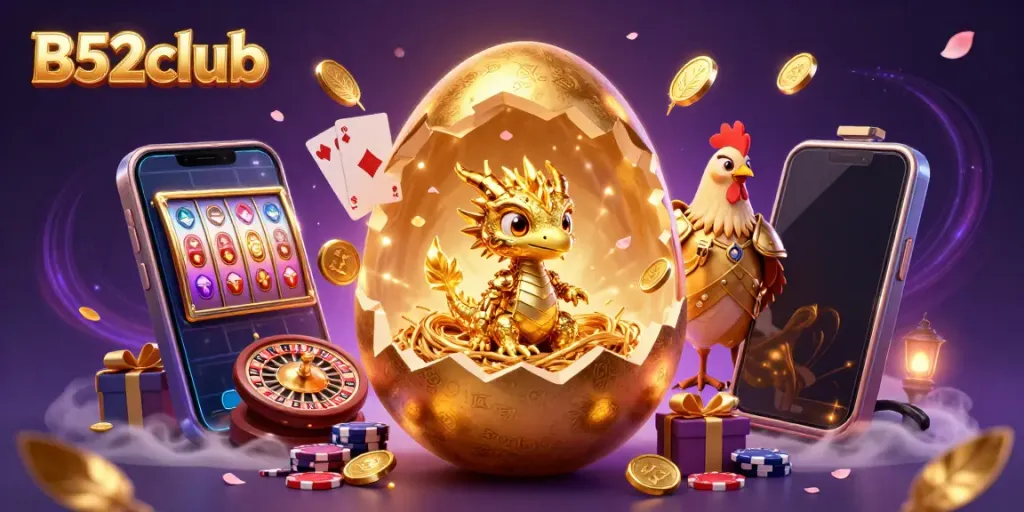 Engage with B52club's golden dragon emerging from poker chips, surrounded by vibrant casino gaming elements.
