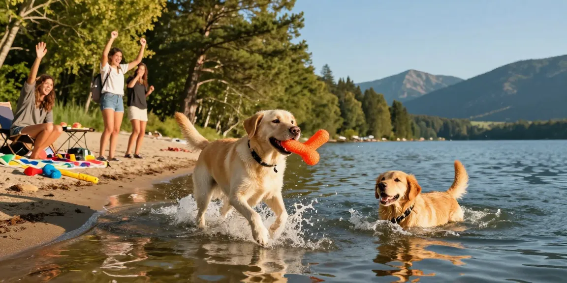 The best dog breeds for swimming, featuring energetic Labrador and Golden Retrievers joyfully splashing in a sunny lakeside scene with happy owners.