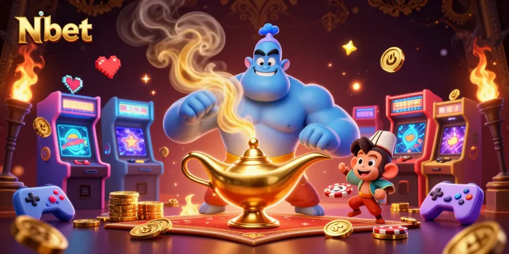 N bet showcases thrilling casino moments with a powerful genie, poker chips, and engaging gaming elements.