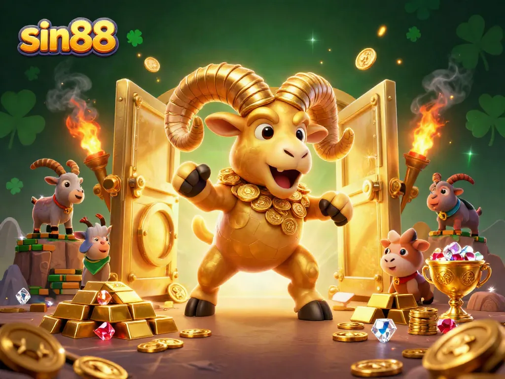 Join the thrilling excitement of sin88 with this vibrant casino scene featuring a golden ram and treasure.