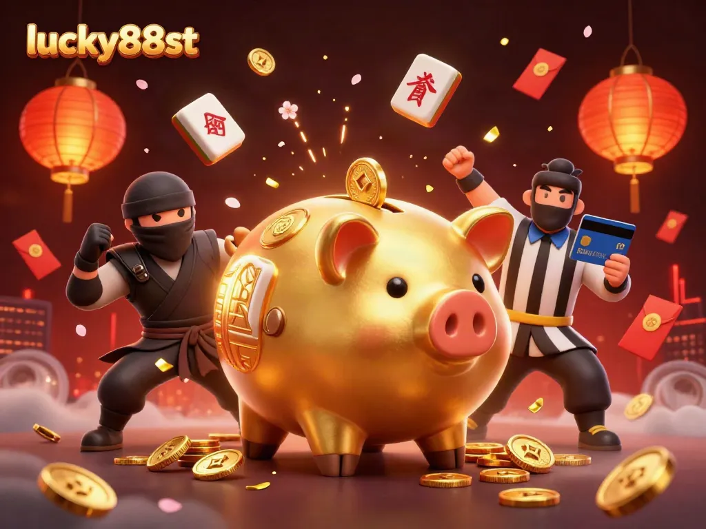 Experience excitement with lucky88st illustrated, featuring dynamic characters, gold coins, and festive decorations.