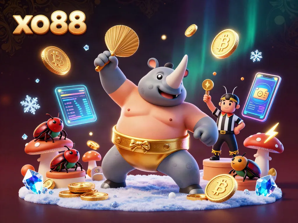 Experience the exciting realm of xo88 with a striking illustration of a sumo beetle champion amidst glowing casino elements.