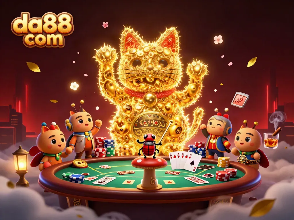 Engage in exciting gaming with da88 com, showcasing a vibrant lucky cat and poker elements.
