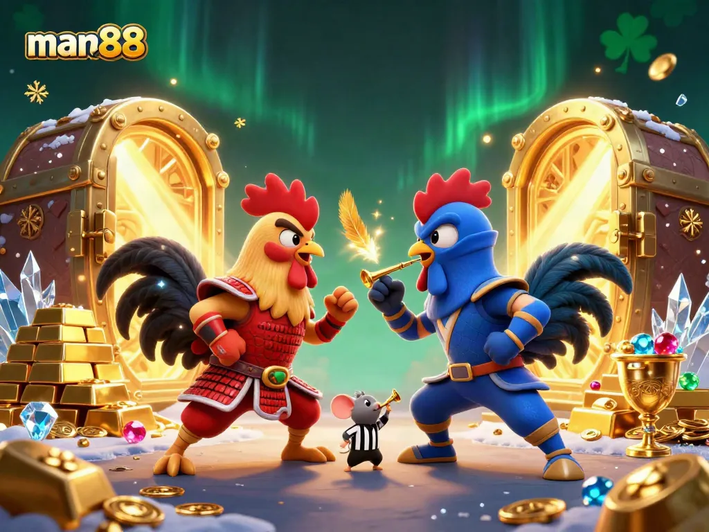 Experience thrilling cockfights at man88 with dynamic action from cartoon roosters and a referee mouse.
