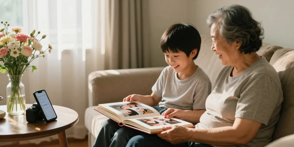 A heartfelt moment to record your parents' stories in a cozy living room, capturing memories and laughter.