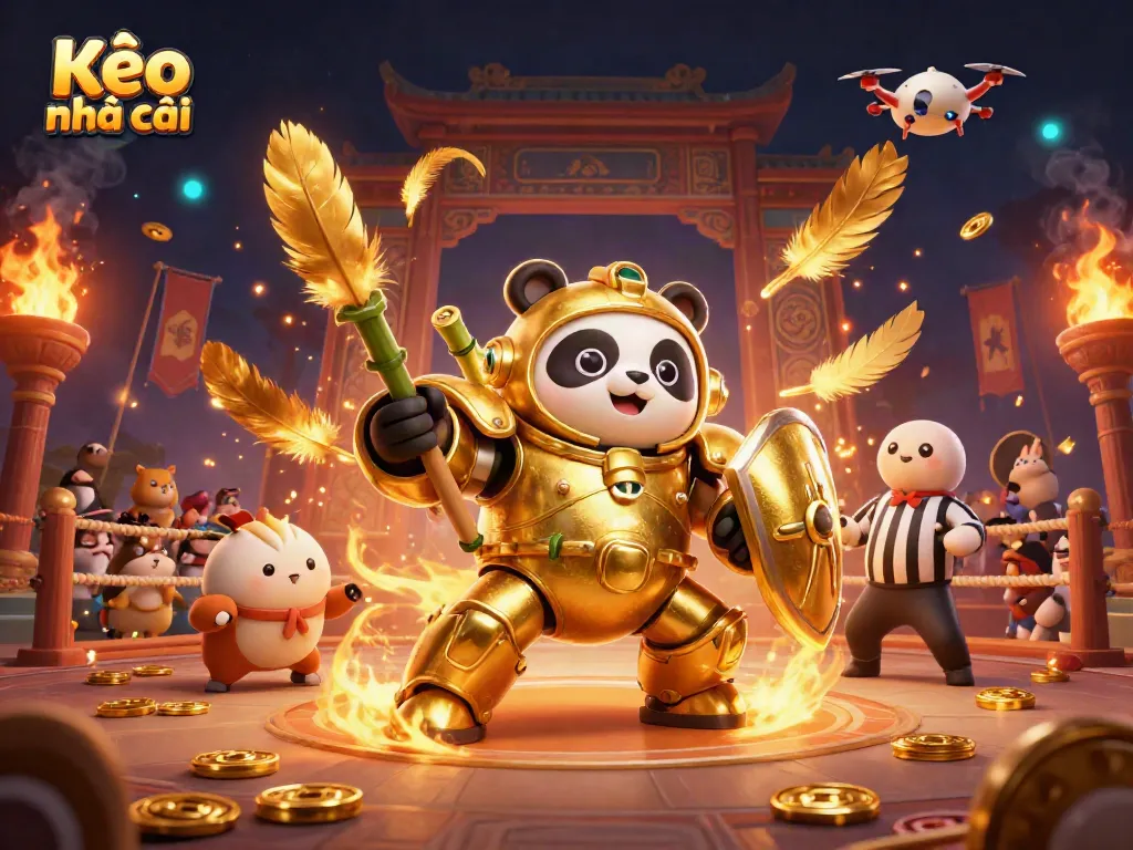 Engaging Kèo nhà cái scene with a golden panda in a mech-suit fighting robot and cheering spectators.