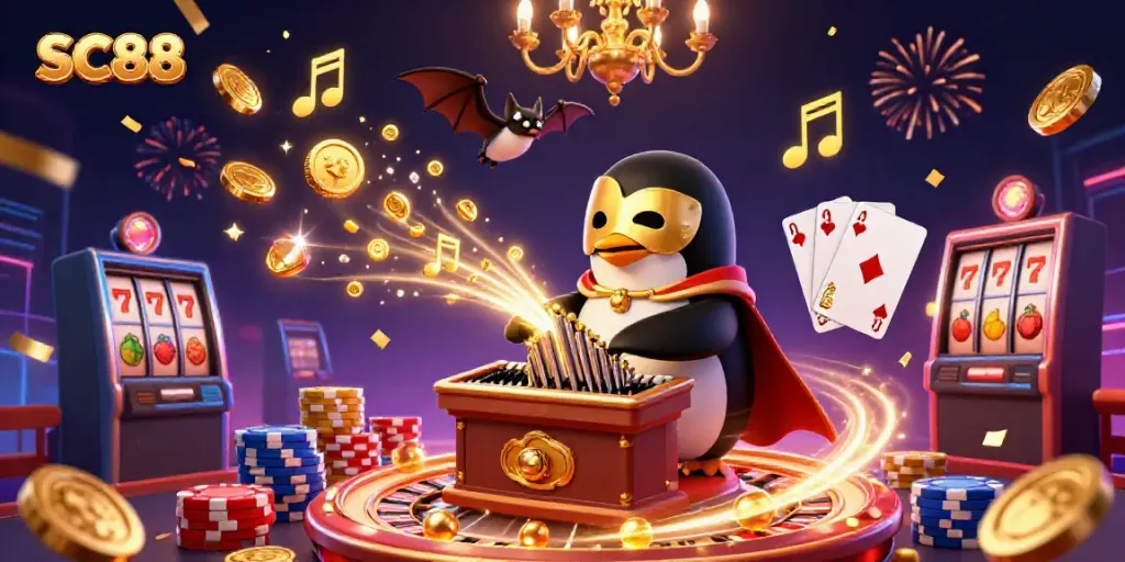 Experience the thrill of SC88 gaming with a vibrant 3D casino scene filled with golden coins and dynamic elements.