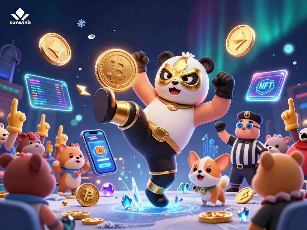 Sunwinb players enjoying a dynamic casino scene with animated characters and vibrant crypto elements.