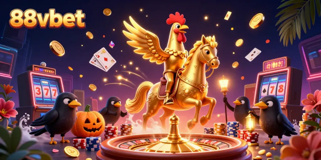Experience big wins with 88vbet in a vibrant casino scene filled with winning cards and golden coins.