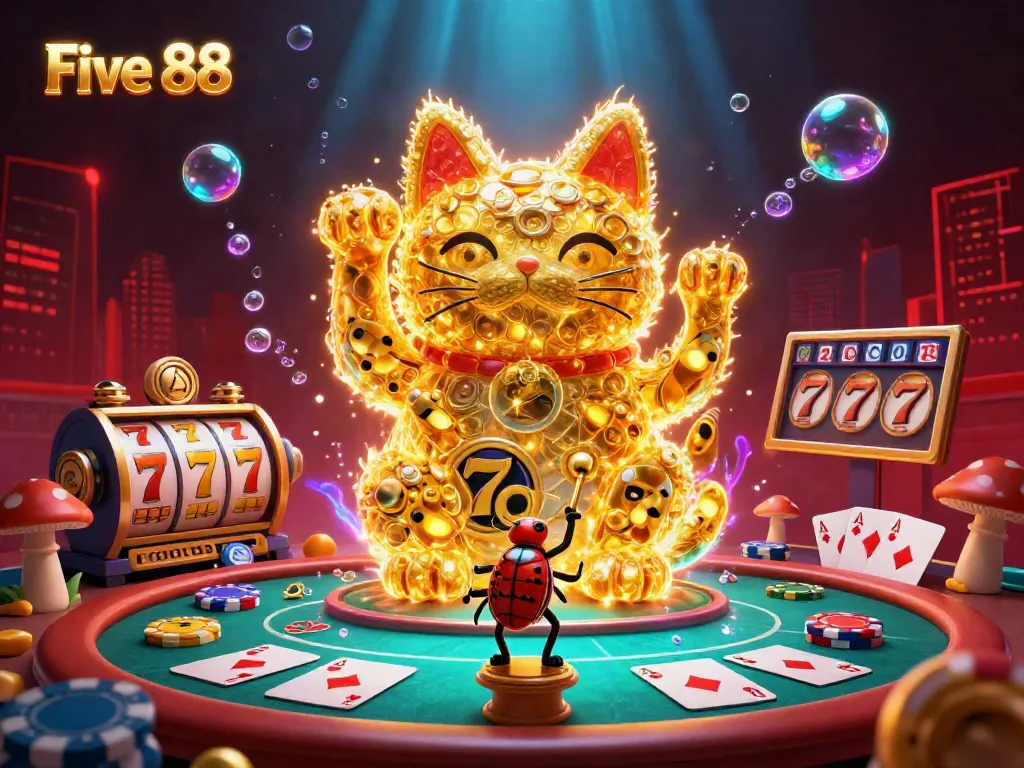 Engage with Five 88's vibrant casino atmosphere featuring golden fireflies and lucky symbols.