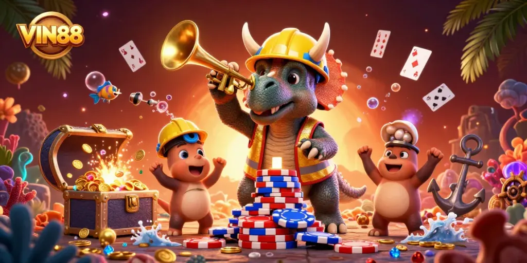VIN88 captivates gamers with a festive 3D casino scene filled with poker chips, treasure, and tropical elements.