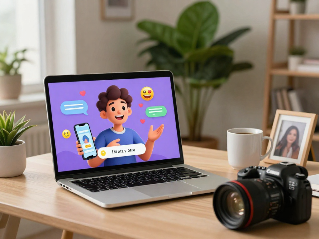 Engaging AI-powered sex ai chat scene with friendly avatar and lively digital interface in a cozy home office.