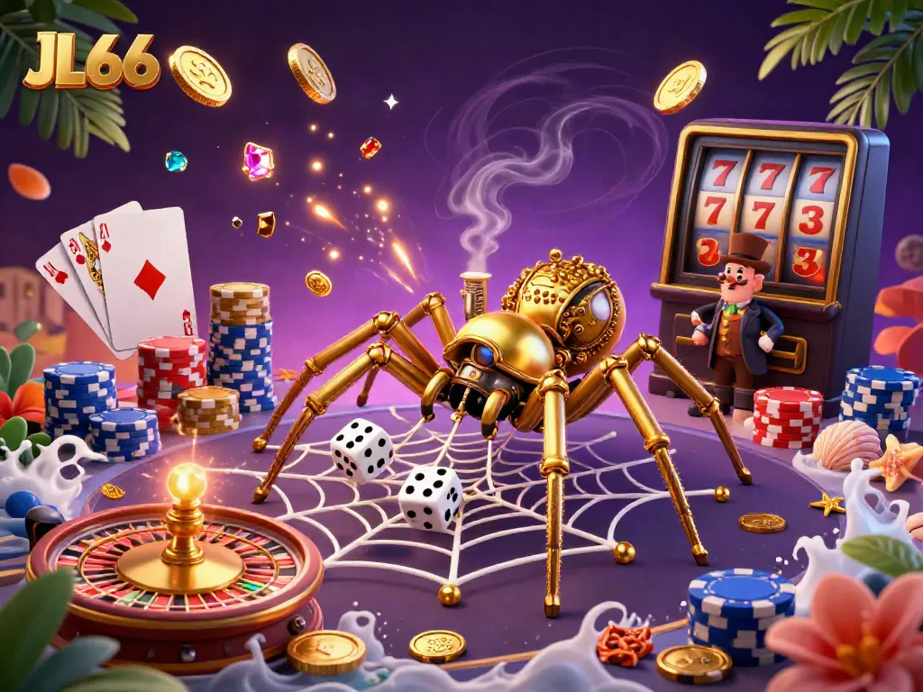 JL66 casino visual displaying a steampunk spider in a dynamic gambling scene with roulette, poker chips, and coins.